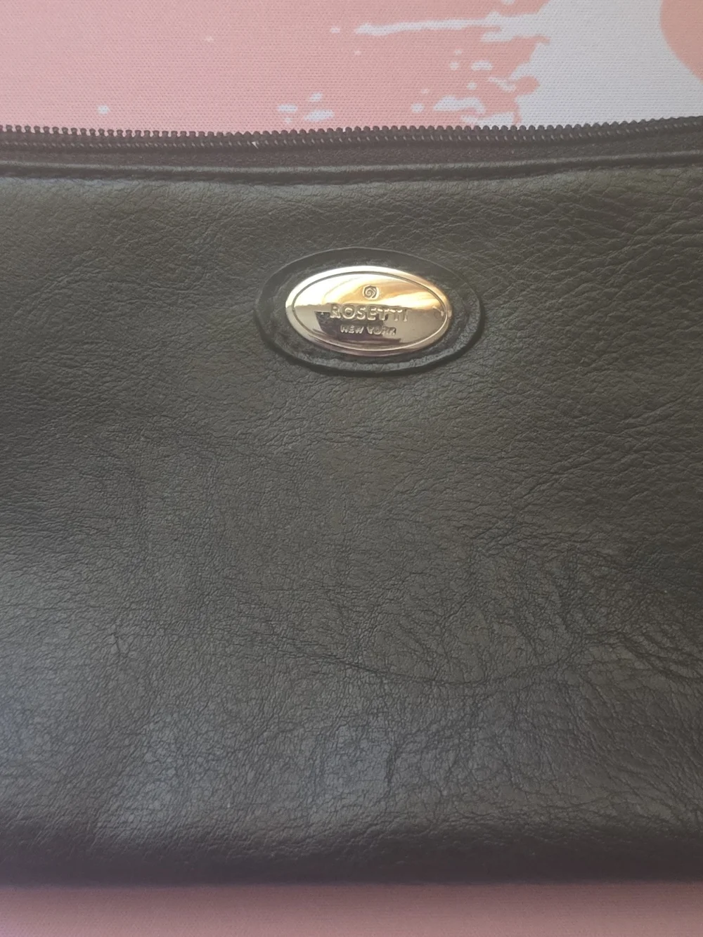 Rosetti Black Faux Leather Zip Pouch with Gold Oval Logo